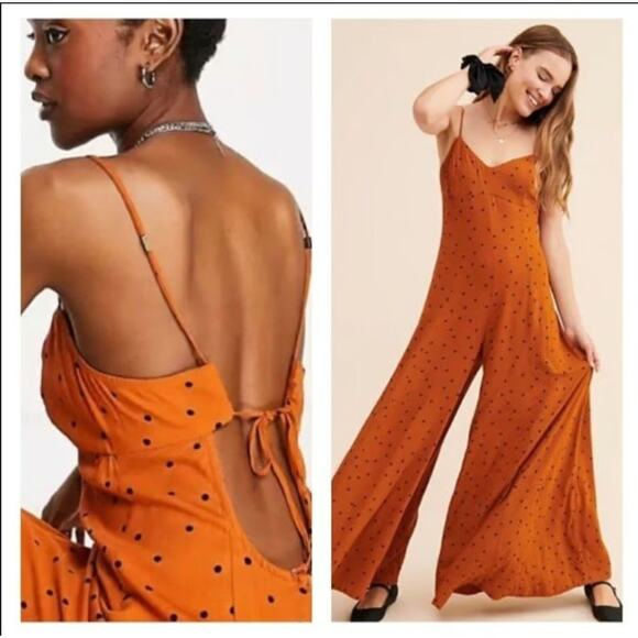 Free People Pants - Free People Summer Jamboree Wide Leg Jumpsuit Dark Orange Polka Dot Size Small